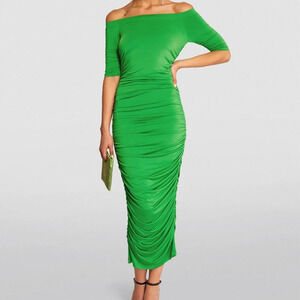 L'agence Sequoia Bodycon Dress Women's Green  Ruched Midi Half Sleeve spring